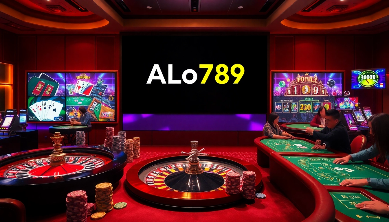 Players engaging in high-stakes games at ALo789 casino, surrounded by poker chips and roulette.
