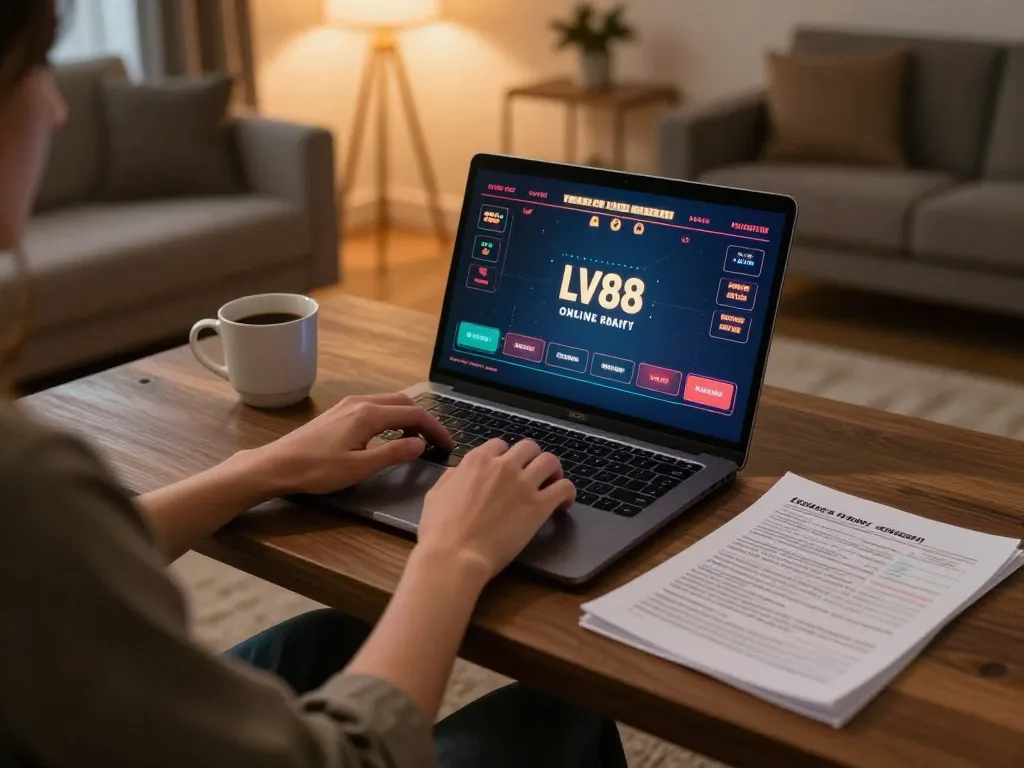 Livestream gameplay on LV88 online casino platform with laptop and strategy notes
