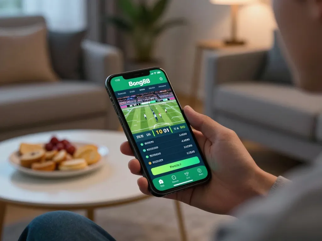 Engaging with the Bong88 sports betting app on mobile while relaxing at home