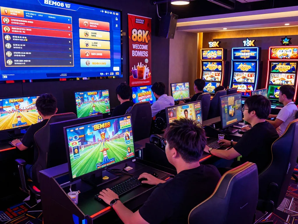 Players enjoying BEM88 online games, vibrant atmosphere, welcoming 88K bonus.