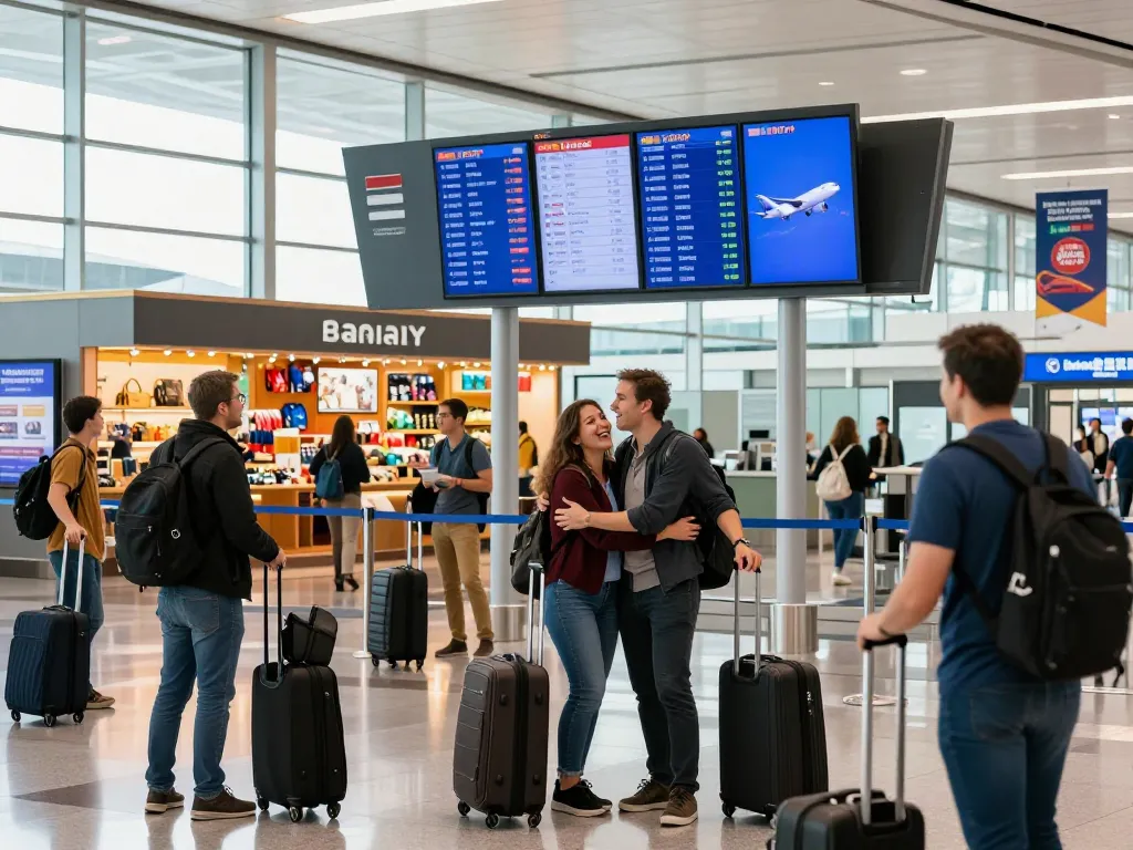 Excited travelers at airport terminal promoting the link 789P aircraft.