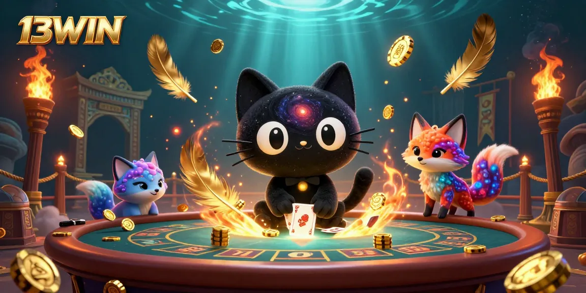 Experience the thrill of winning with 13WIN's cosmic gambling scene featuring a black hole cat.