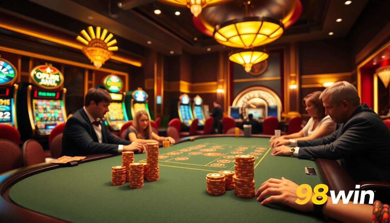 High-stakes poker action at nhà cái 98win's luxurious casino setting with roulette and stunning visuals.