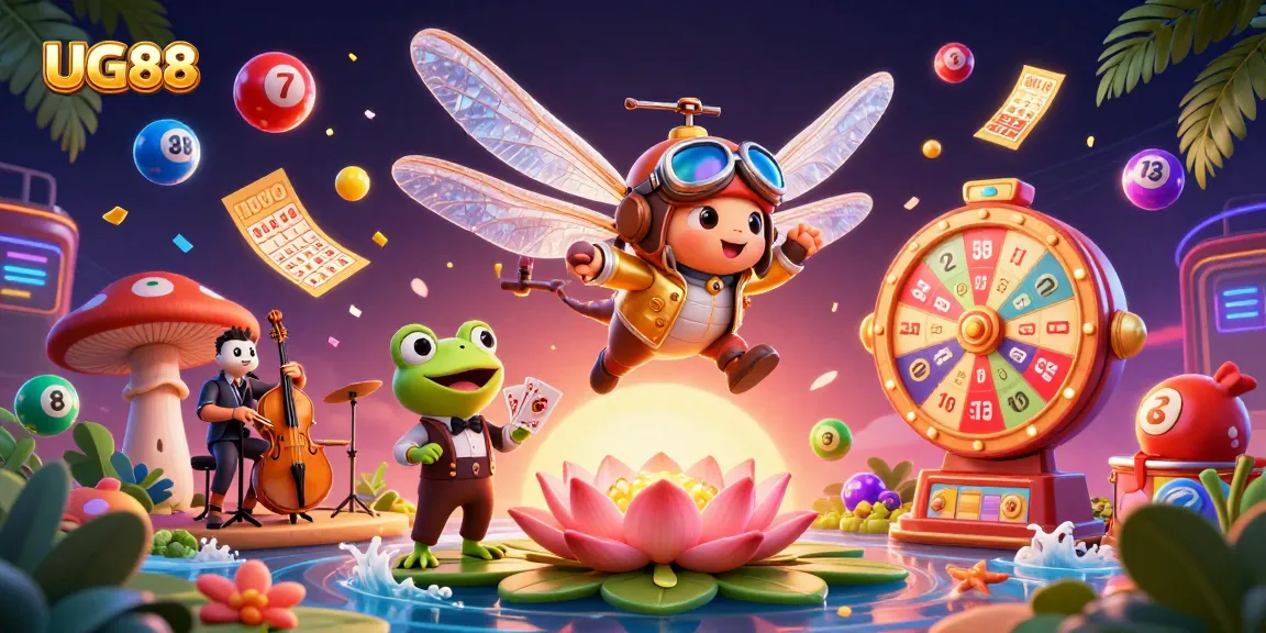 Experience thrilling gameplay at UG88, with vibrant casino characters and dynamic lottery elements.