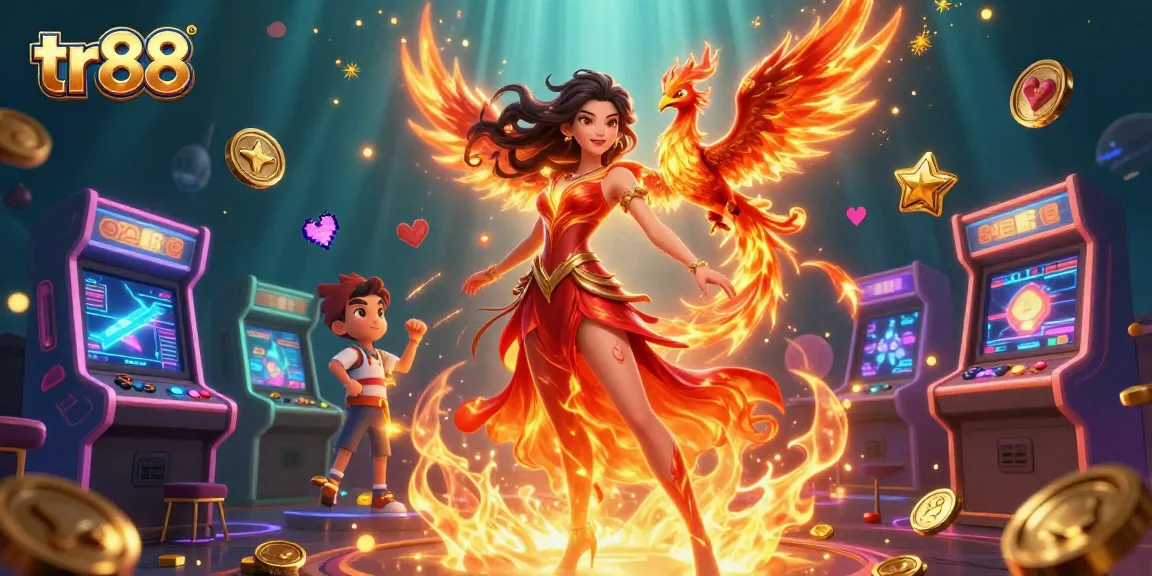 Engage with tr88's thrilling casino adventures featuring a stunning Asian woman and mystical fire phoenix.