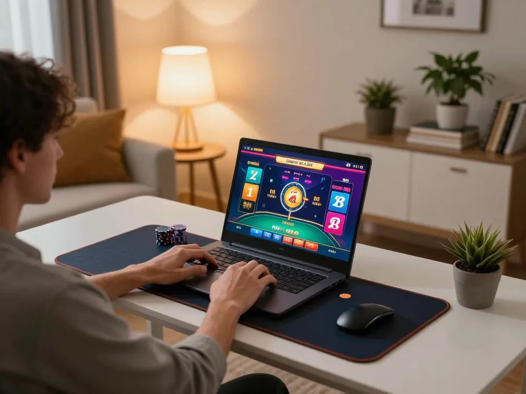 Person playing online casino games on 7M platform in a stylish home setup, laptop screens showing poker and slots.