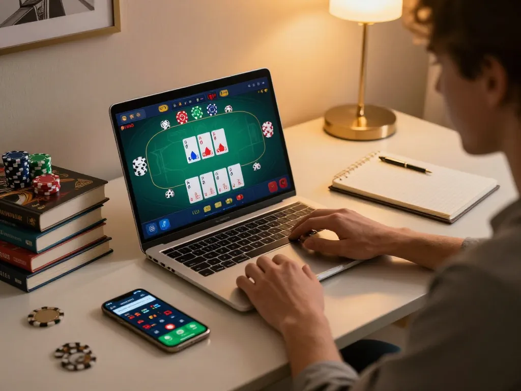 Engaging in online gambling at https://tx88.rent/ with a strategic focus on poker gameplay on a laptop.