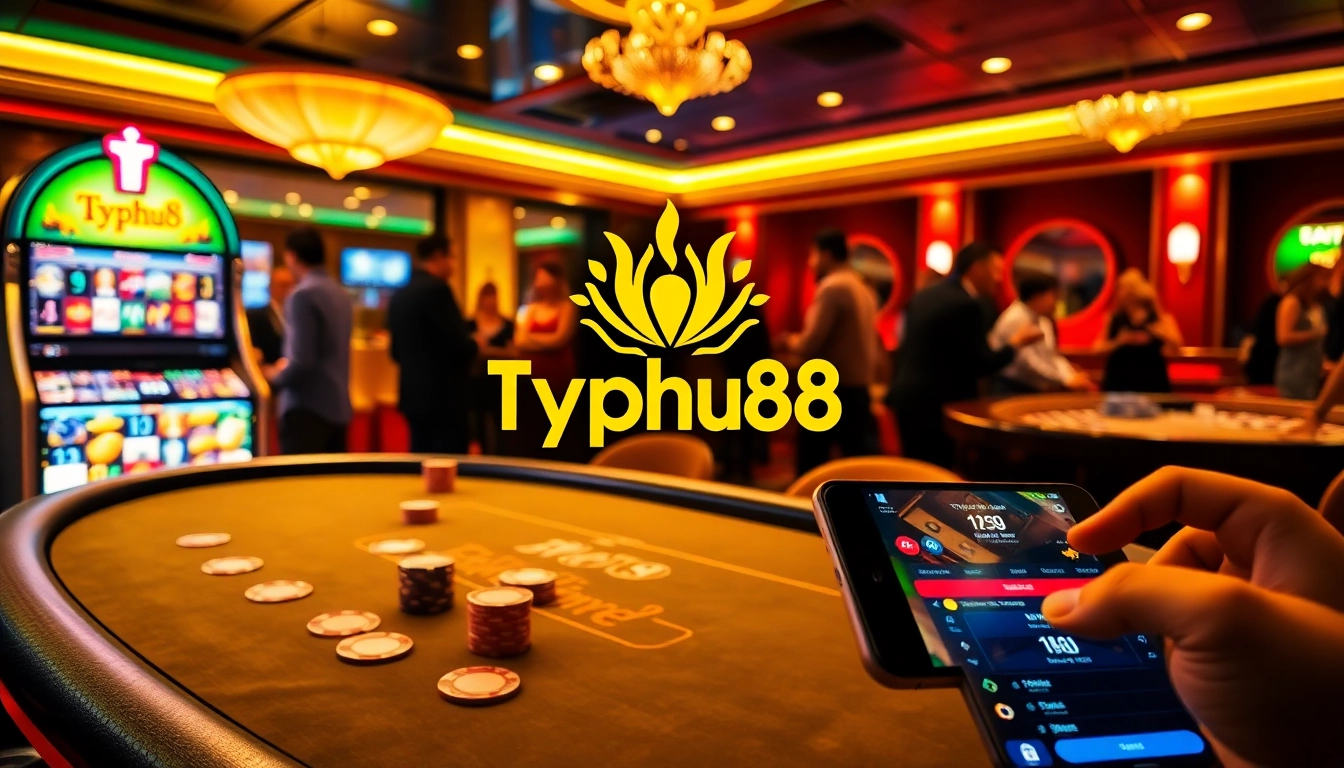 Experience Typhu88 excitement with players at a poker table, roulette wheel, and vibrant casino ambiance.