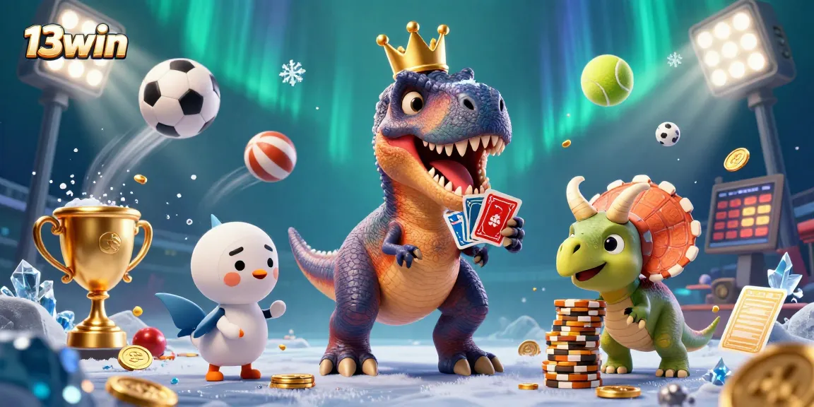 Experience the thrilling world of 13win as a T-Rex and friends shuffle cards and stack chips in this dynamic casino scene.