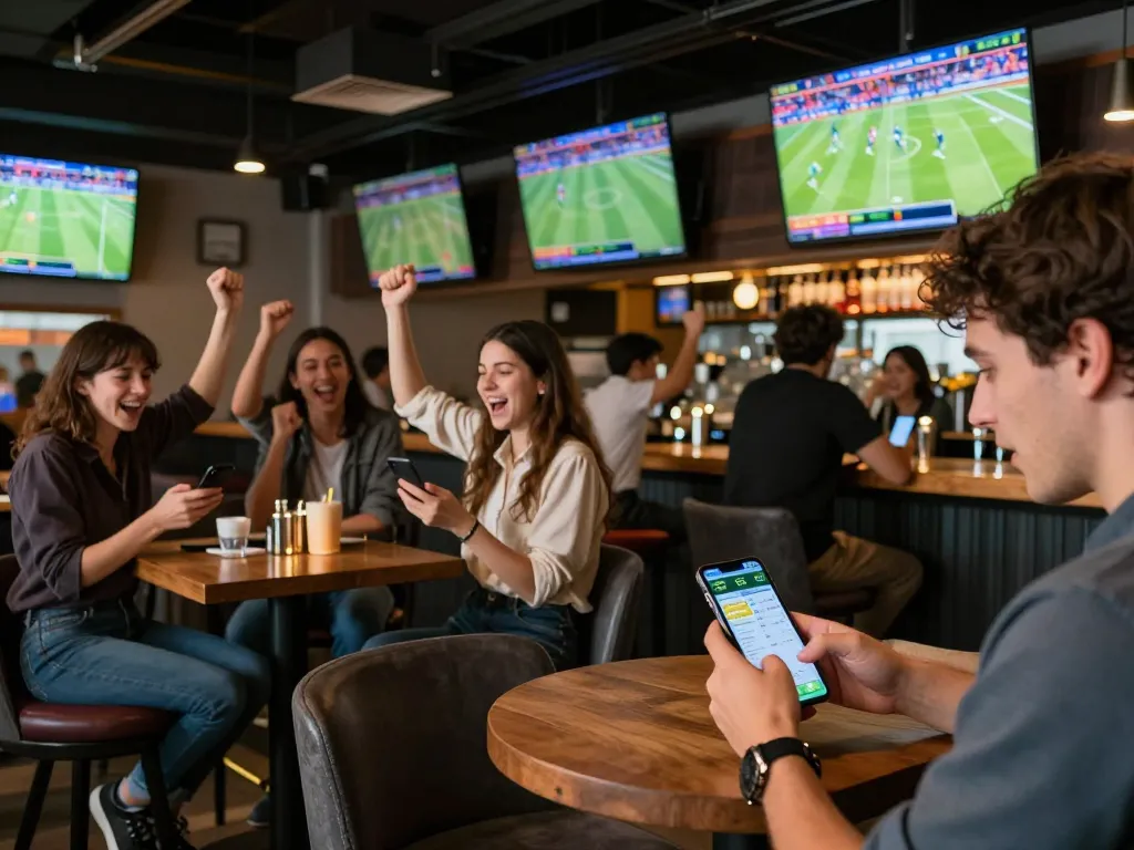 Engaged sports bettor using the NHÀ CÁI 79KING app in a lively sports bar setting, with live games on screens.