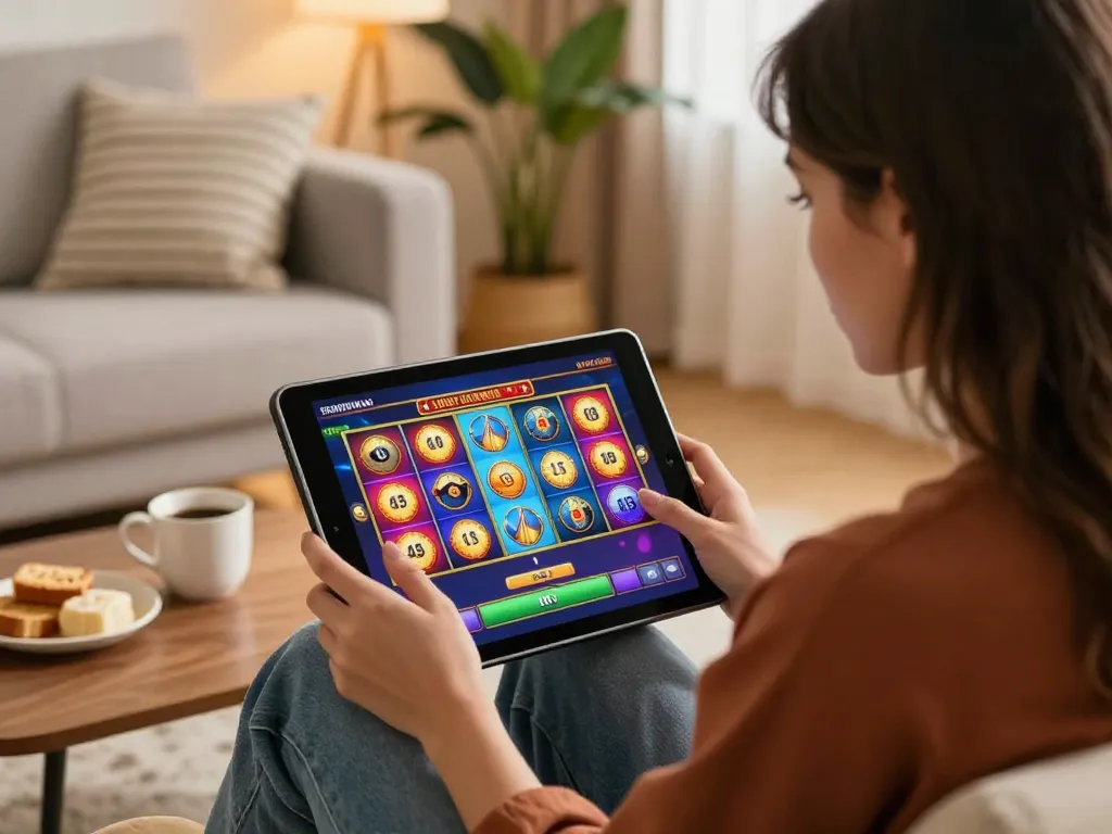 Engaging scene of playing lv88 online slots on a tablet, showcasing a cozy gaming atmosphere.