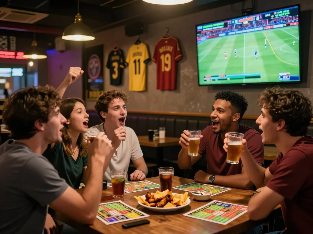 Group of friends enjoying kèo bóng đá at a lively sports bar with drinks and betting slips.