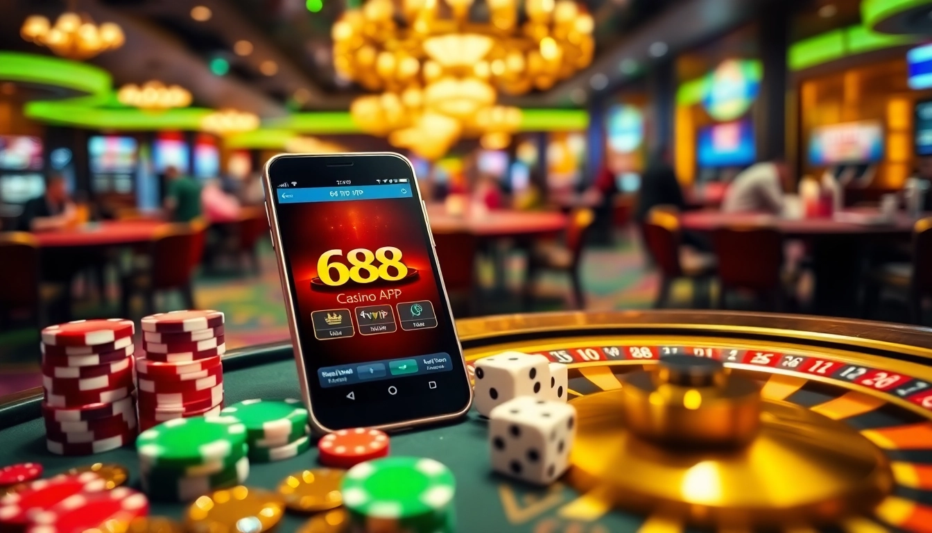 Tải App Nhà Cái 68VIP on an upscale mobile casino interface surrounded by poker chips and a roulette wheel.