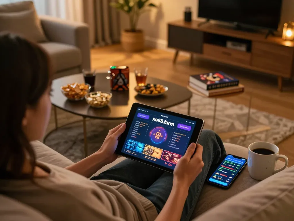 Engaged player exploring online gaming at https://xo88.farm/ in a cozy home setting, complete with tablet interface and betting notes.