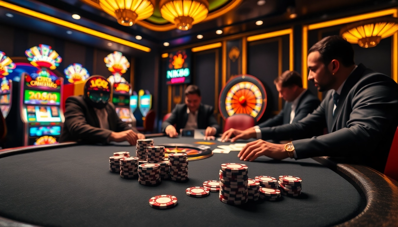 Players enjoying a high-stakes game at NK88's premier casino table, with chips and cards in action.