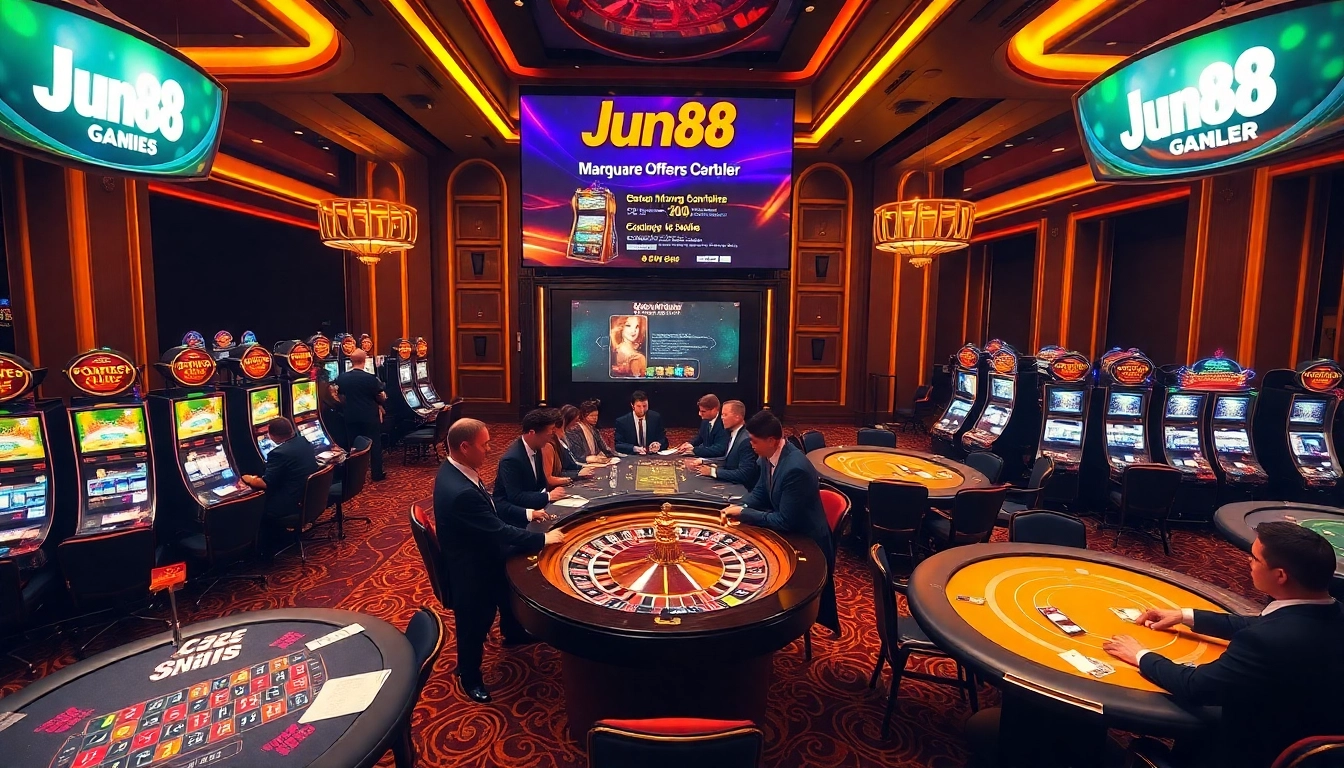 Experience thrilling gaming at Jun88's vibrant casino scene with roulette and poker tables.