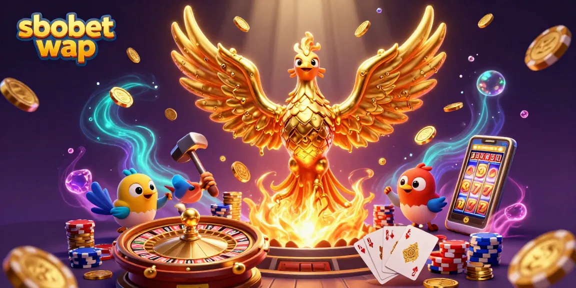Experience sbobet wap with a golden phoenix and vibrant casino elements in a dynamic illustration.