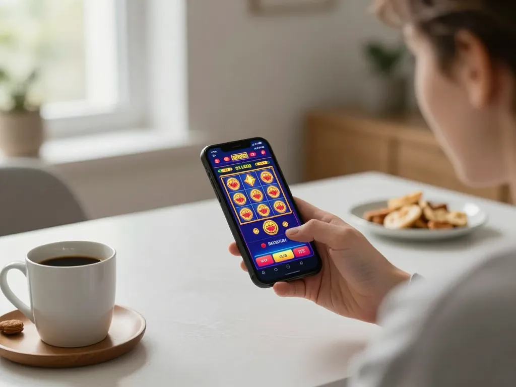 Engaging with the abc8go mobile casino app, enjoying slots at home.