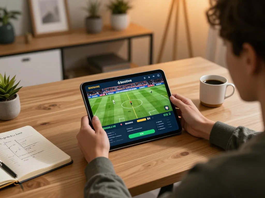 Socolive app interface displayed on tablet during an engaging sports betting session at home.