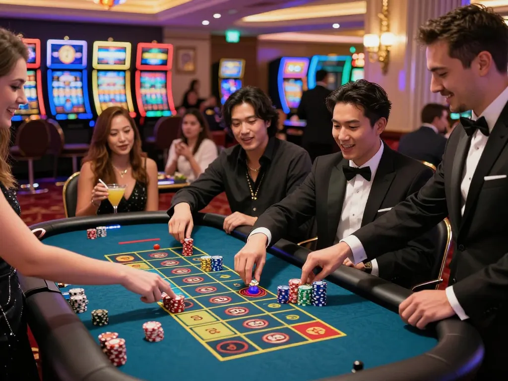 Friends gambling and enjoying the excitement at https://topbet8x.com/ roulette table in a vibrant casino.