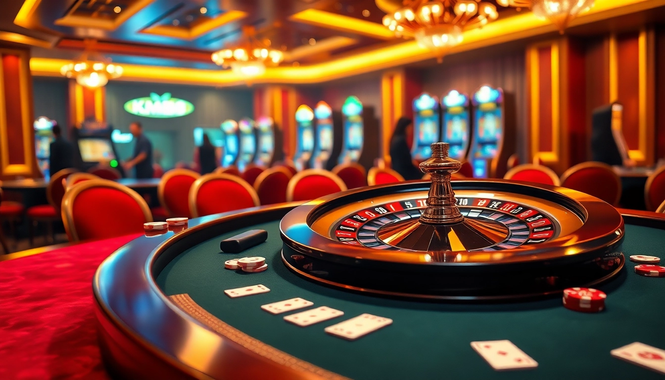 Engaged gamblers enjoying the thrilling atmosphere of KM88 casino with vibrant games and tables.