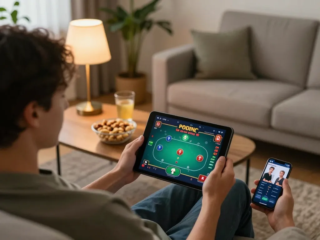 Nhà cái UG88 enhances gaming at home with a tablet poker game and cozy atmosphere.