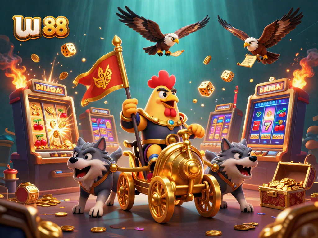 Experience thrilling gambling with uu 88 featuring a rooster warlord and vibrant casino elements.