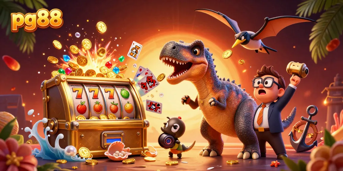 pg88 jackpots with a pachycephalosaurus hitting a slot machine amidst cascading coins.