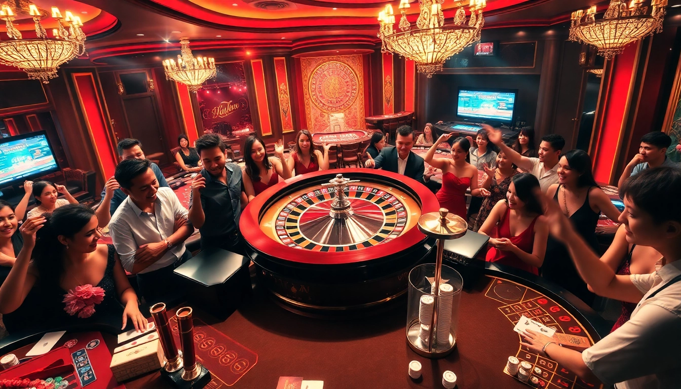 Dynamic casino scene showcasing kqbd gaming excitement with roulette wheel and diverse players.