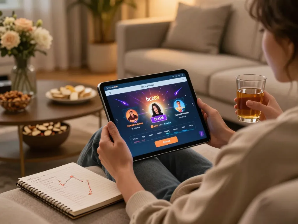 Experience engaging online gaming with bcx88 on a tablet in a cozy living room.