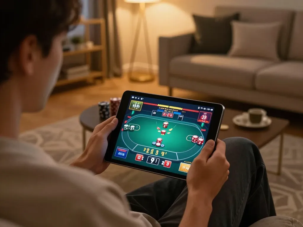 Engaging in online gambling at home with ga8888 poker interface displayed on tablet