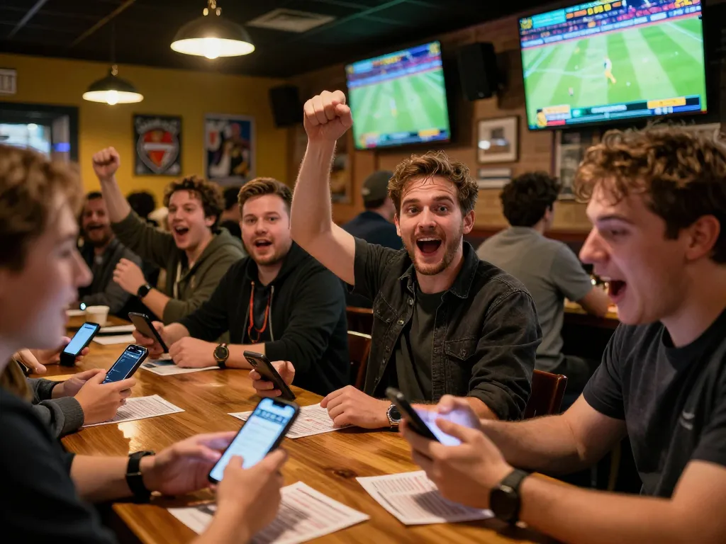 Bsport user's excitement while placing live sports bets on a smartphone in a bustling sports bar.