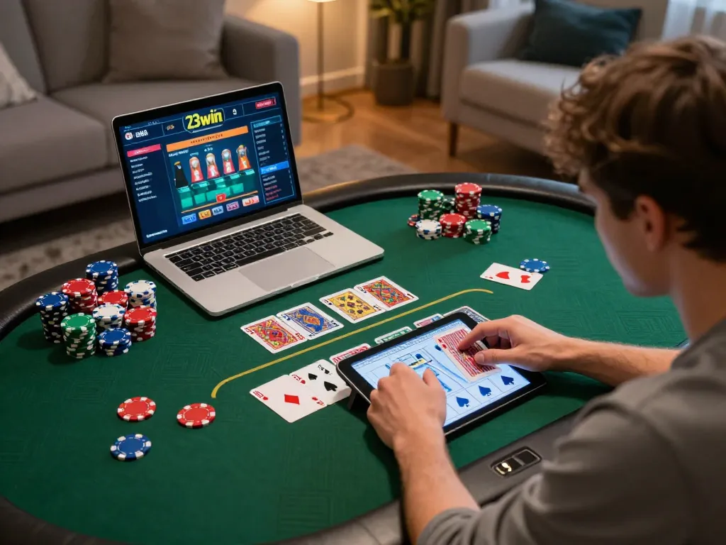 Player engaging in a high-stakes game on 23win, with focused expressions, colorful cards, and poker chips.