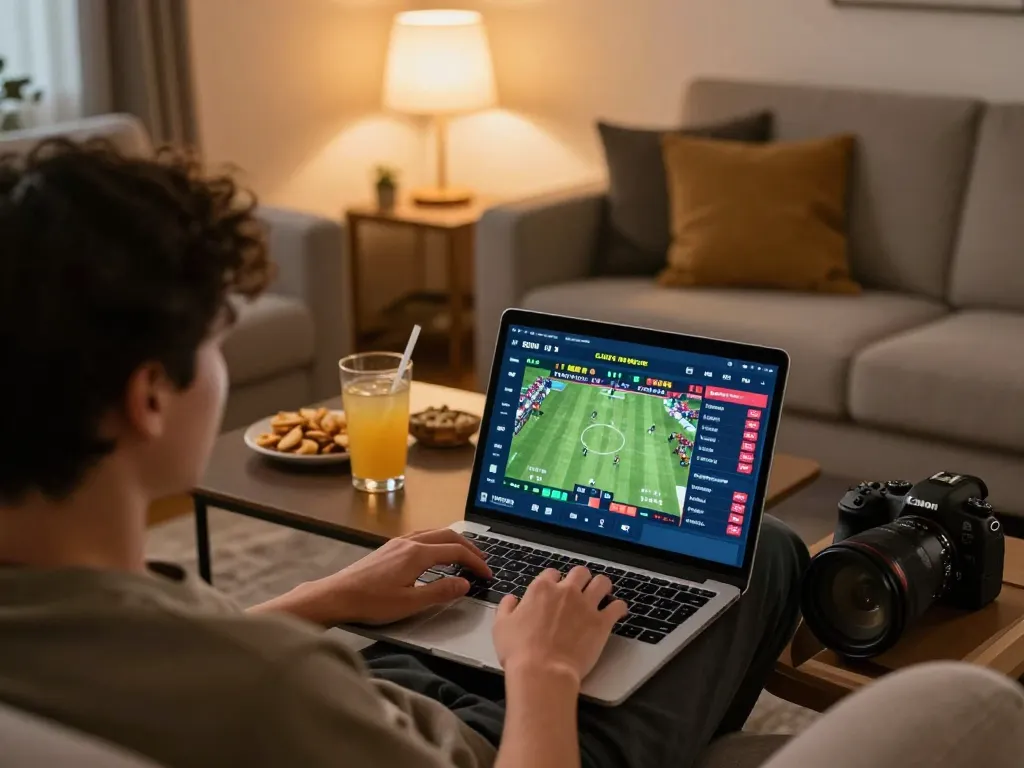 Player analyzing bets on laptop in a cozy home setting with fly88 prof interface displayed
