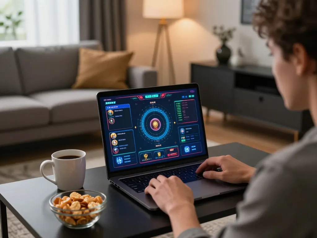 Engaged player using uu88 for online gambling strategy in a cozy living room.