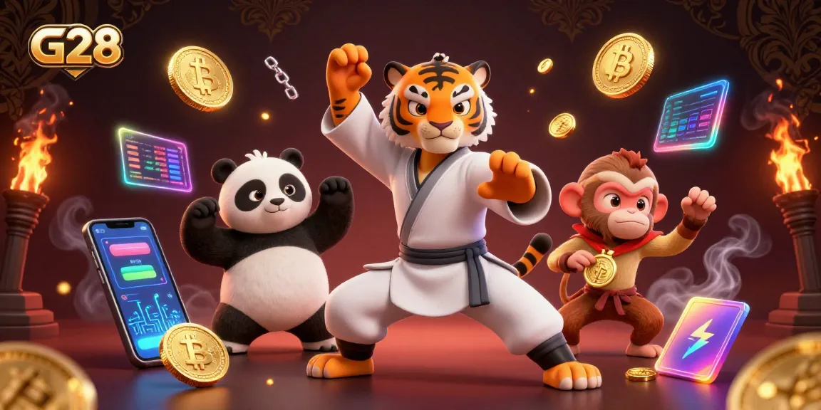Engage with G28 as a kung fu tiger and panda disciple practice their winning poses amid crypto themes.