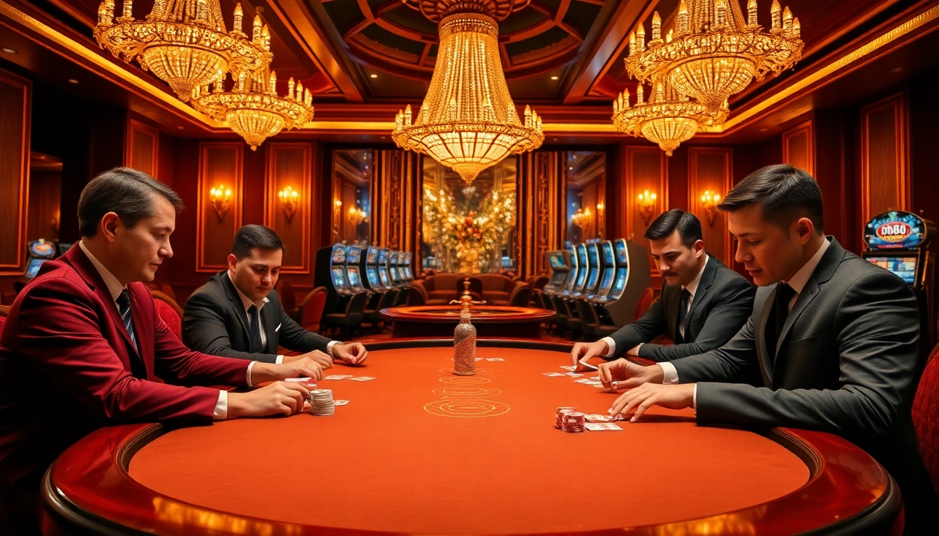 Engage in strategic poker gameplay at a luxurious casino showcasing dh88 elements with elegant décor.