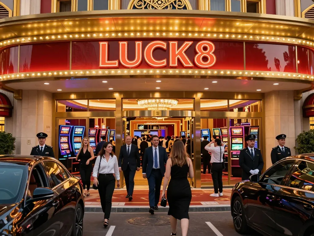 LUCK8 casino entrance filled with eager guests and vibrant neon lights, signaling excitement.