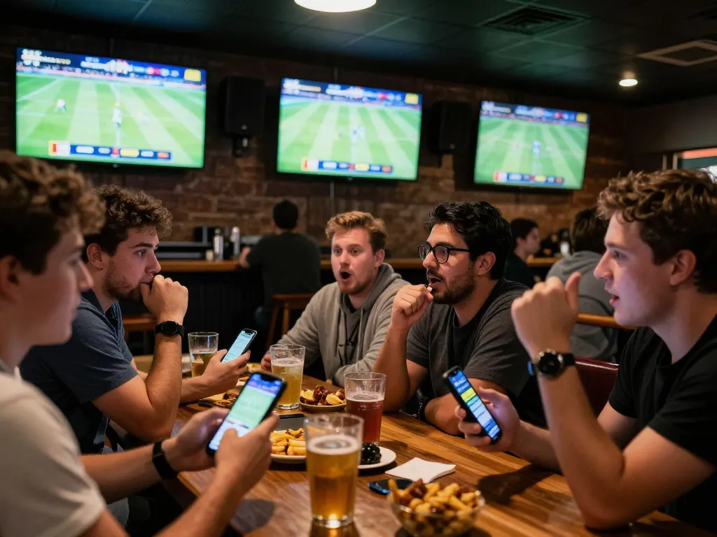 Sports bettors analyzing odds on smartphones while enjoying a lively match, featuring keonhacai betting strategies