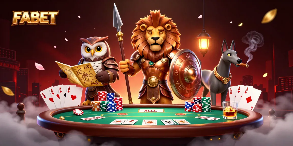 FABET showcases a vibrant 3D casino scene featuring a heroic lion, wise owl, and swift greyhound amidst poker action.