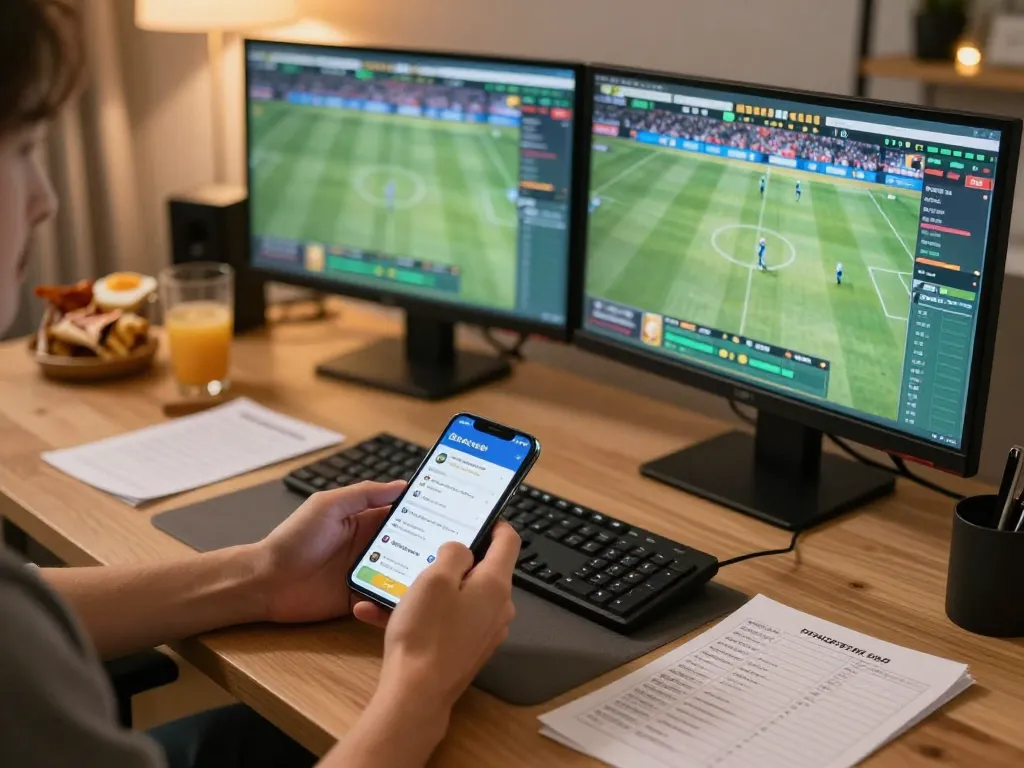 Engaging with kèo nhà cái on a smartphone while watching live sports in a cozy home office