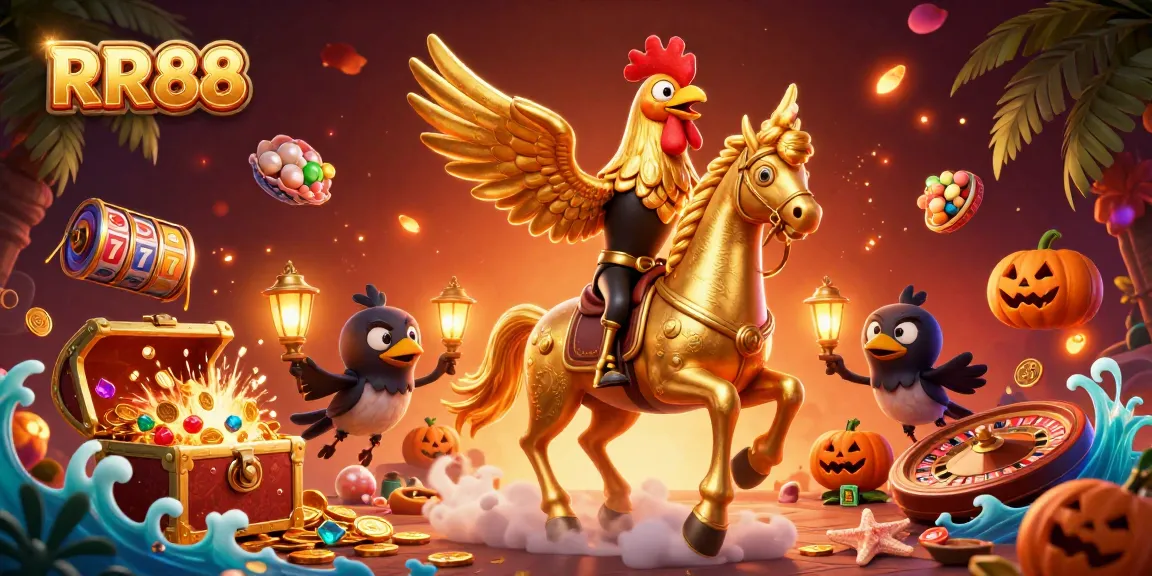 Experience the excitement of RR88 with a vibrant 3D casino scene featuring golden rooster characters and dynamic slot game elements.