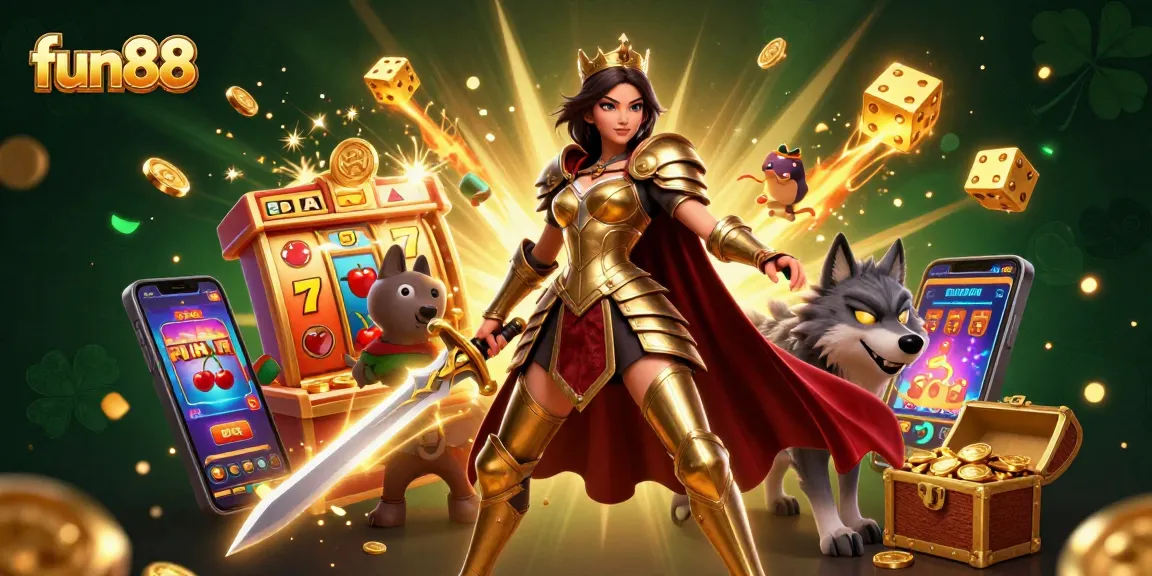 Experience fun88's exciting world with a warrior queen and a glowing wolf among jackpot slots and treasures.