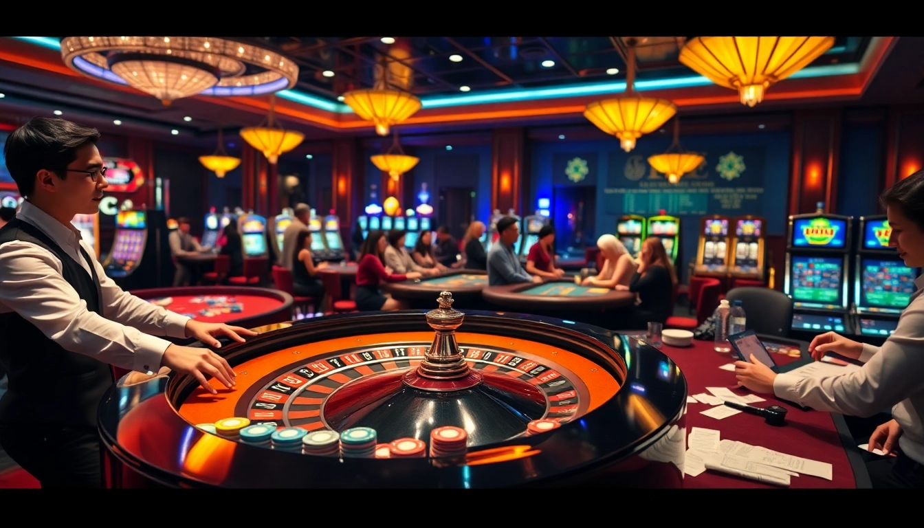 Kết quả xổ số hôm nay highlighted in a lively casino scene with players at roulette and poker tables.