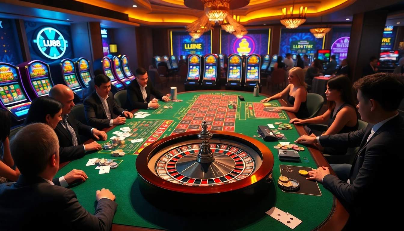 Players enjoying a thrilling game at Lu88 casino table with colorful chips and cards.