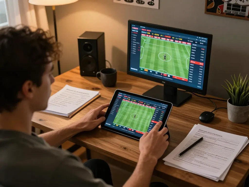 Engaging home sports betting experience with real-time kèo nhà cái displayed on tablet.