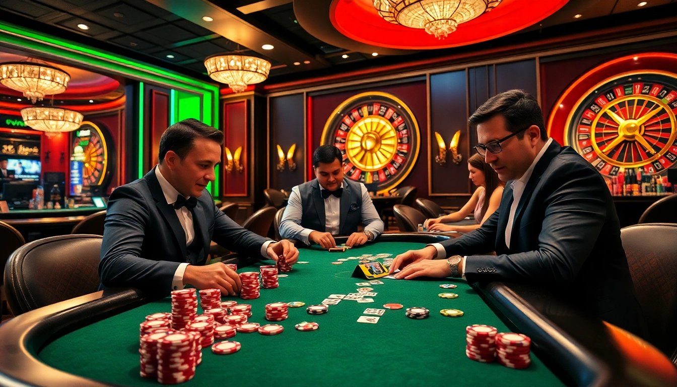 Experience the excitement at a thrilling poker table with tha bet strategies unfolding amidst vibrant casino decor.