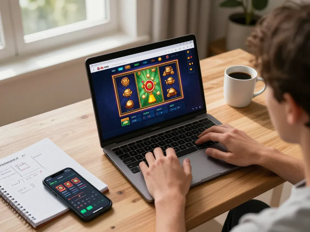 Permainan online yang menarik di situs toto menggambarkan grafik permainan slot yang cerah dalam pengaturan yang nyaman.