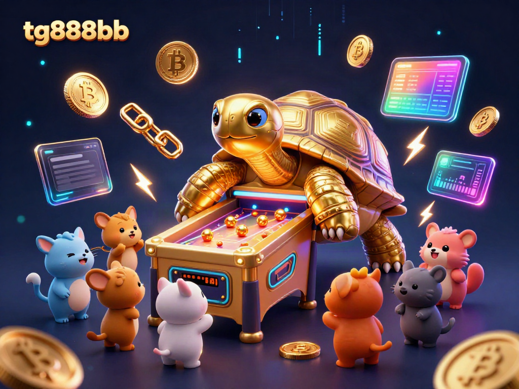 Experience thrilling games at tg888bb with a gold tortoise pinball machine surrounded by various crypto elements.