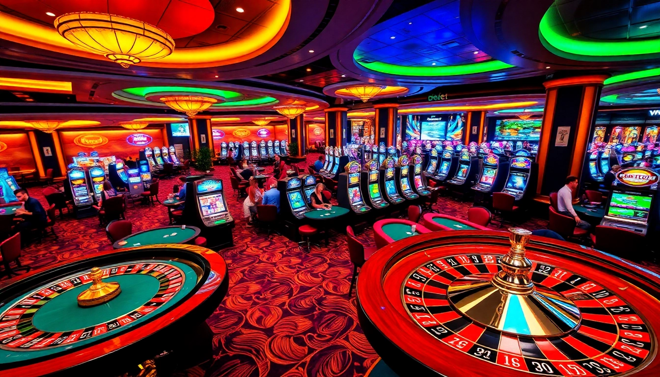 A lively gaming scene at https://debet.br.com/ showcasing vibrant roulette, poker, and slot machines.